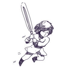 hand drawn, jumping warrior character with fire sword