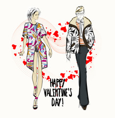 Image of man and woman on a pink background with hearts and sign