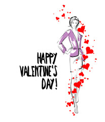 Fashion sketch Valentine's Day. Girl with hearts on a white back