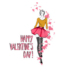 Fashion sketch Valentine's Day. Girl with hearts on a white back