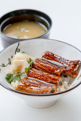 Unadon (Japanese Rice Bowl Topping with Grilled Japanese Freshwater Eel with Teriyaki Sauce) Served with Prickled Ginger.
