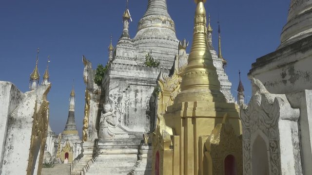Shwe Inn Thein Paya temple complex near Inle Lake in central Myanmar (Burma), tilt view 4k

