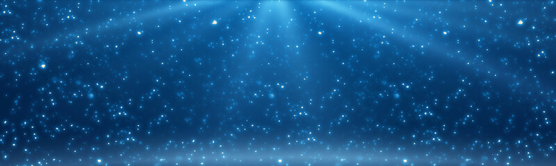Abstract Dark Festive Panoramic Background. blue light and bokeh particles and light rays