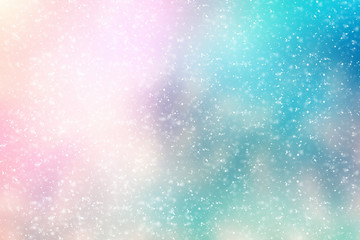 White bokeh or glitter lights with red or serenity sun leak on cyan background. Abstract circle defocused particles
