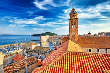 Fototapeta premium Amazing panorama Dubrovnik Old Town roofs at sunset. Europe, Cro