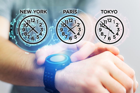 Jet lag concept with different hour time over a smartwatch