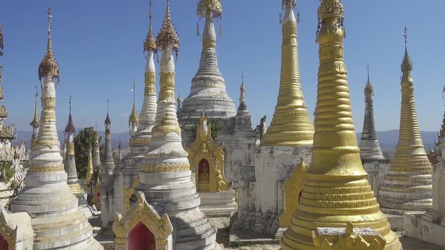 Shwe Inn Thein Paya temple complex near Inle Lake in central Myanmar (Burma), tilt view 4k
