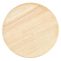 Top view empty wooden plate isolated on white background.