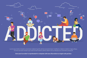 Addicted people concept illustration of young men and women using devices such as laptop, smartphone, tablets. Flat design of people addicted to gadgets sitting on the bid letters with social media