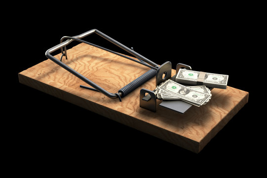 3D illustration of Mousetrap with money isolated on black