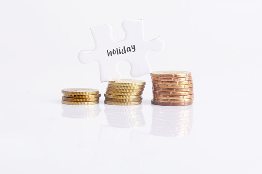  White missing puzzle and gold coins with holiday, copyspace area