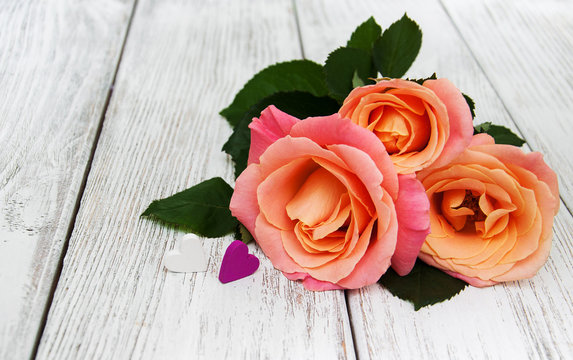 Pink rose on a wooden background