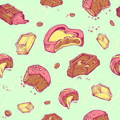 Vector seamless pattern of colored sketches bitten chocolates. Sweet rolls, bars, glazed, cocoa beans. handmade letters