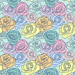 Hand drawn beautiful roses, vector illustration. Seamless pattern for prints, textile, wrapping paper etc