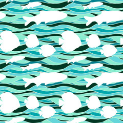 Seamless pattern with different white fishes on abstract blue waves, vector illustration, seamless pattern