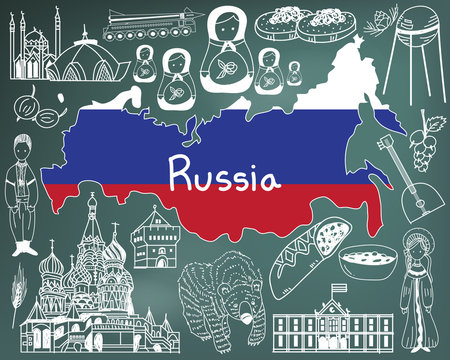 Travel to Russia doodle drawing icon with culture, costume, landmark and cuisine tourism concept in blackboard background. Vector  