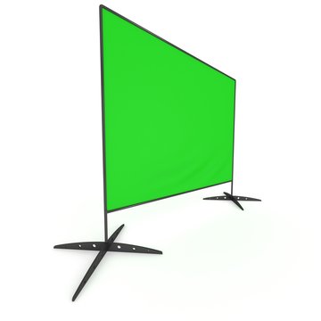 Billet press wall with green screen chroma key banner. Mobile trade show booth white and blank. 3d render isolated on white background. High Resolution Template for your design.
