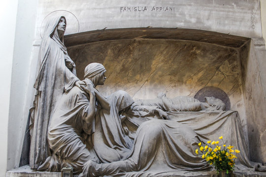 GENOA, ITALY, MAY 26, 2014 - Tomb of the Appiani family, monumental cemetery of Genoa, Italy, famous for the cover of the album of the English band Joy Division's " Closer" .