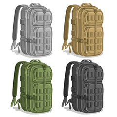 Vector set Military Backpacks, gray Army rucksack with handle, khaki hiking big back bag with pocket, green large infantry backpack for armed forces, black pack military haversack with straps for army
