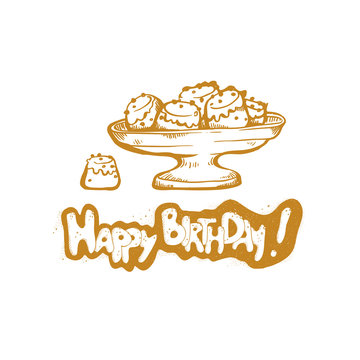 Happy Birthday. Vector golden sketch illustration of gift cake cup