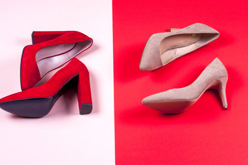 Red and pastel female high-heeled shoes
