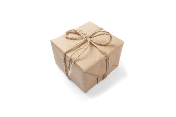 gift box of kraft paper with a bow on a isolated white backgroun