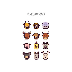 Vector animals face icons set. Colorful pixel art design.