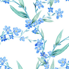 Fototapeta na wymiar Forget-me-not Flowers Seamless Pattern. Watercolor Background.