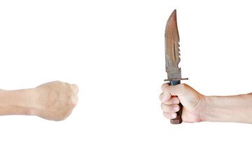Hand holding rusty old knife on open the palm of hand isolated on a white background, Fight concept.
