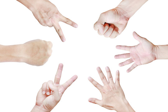 Many hands of Rock ,Paper ,Scissors - hands isolated on white background, Creative concept.