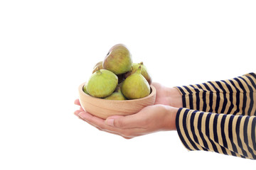 Fresh organic figs in wooden bowl