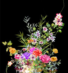 watercolor painting of leaves and flower, on dark background