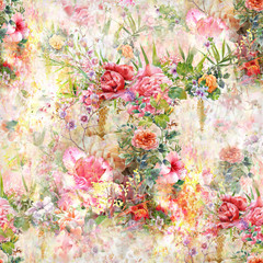 Watercolor painting of leaf and flowers, seamless pattern