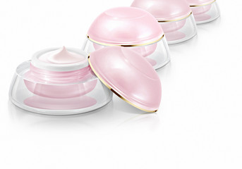 Several pink dome cosmetic jar on white background