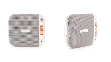 Two Angles Of White Bluetooth Speaker Isolated On White Background