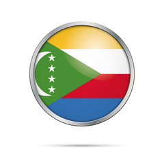 Vector Comoroan flag button. Comoros flag in glass button style with metal frame.