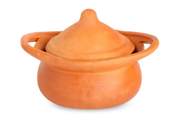 Clay pot with cover on white background