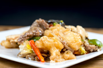 wok fried chicken stir fry with sweet peppers and chinese vegeta