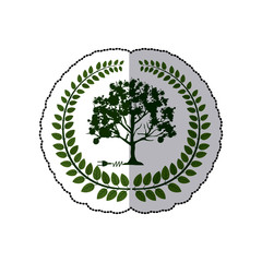 sticker crown of leaves with tree and plug connector vector illustration