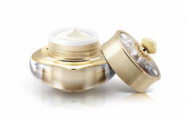 Single golden crown cosmetic jar on white background