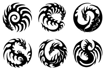 vector illustration, set of round tribal dragon designs, black and white graphics