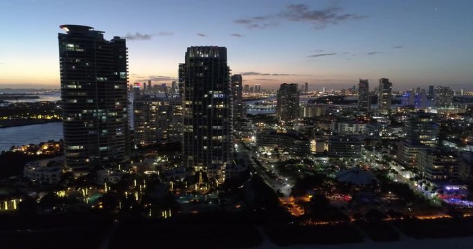 Aerial drone footage of Miami Beach highrise buildings at South Pointe Park