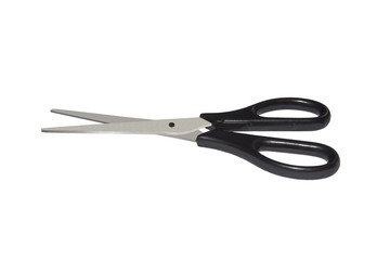 Steel stationery scissors with black plastic handles isolated on white background