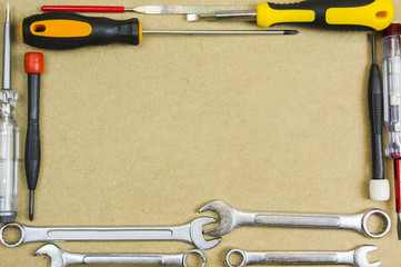 Arrangement of carpentry and set of hand tools. Frame composition with copy space top view.