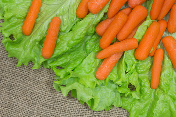 Carrots and  salad on sacking