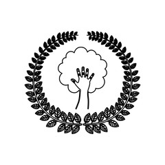 silhouette ornament leaves with hand in shape of tree vector illustration