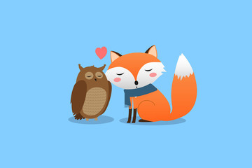 Lovers owl and fox. Postcard to Valentine's Day. Vector illustration