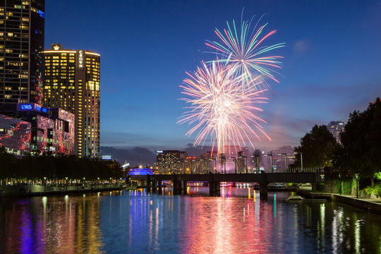Melbourne Skyline with Fireworks at Dusk