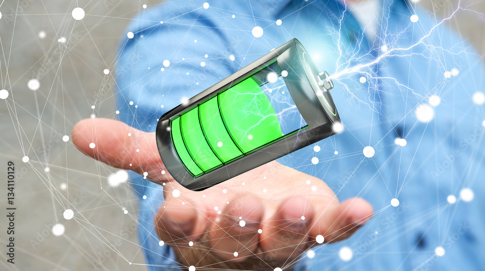 Aufkleber man holding 3d render battery with lightning in his hand