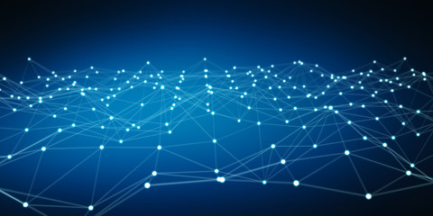 Floating white and blue dot network 3D rendering